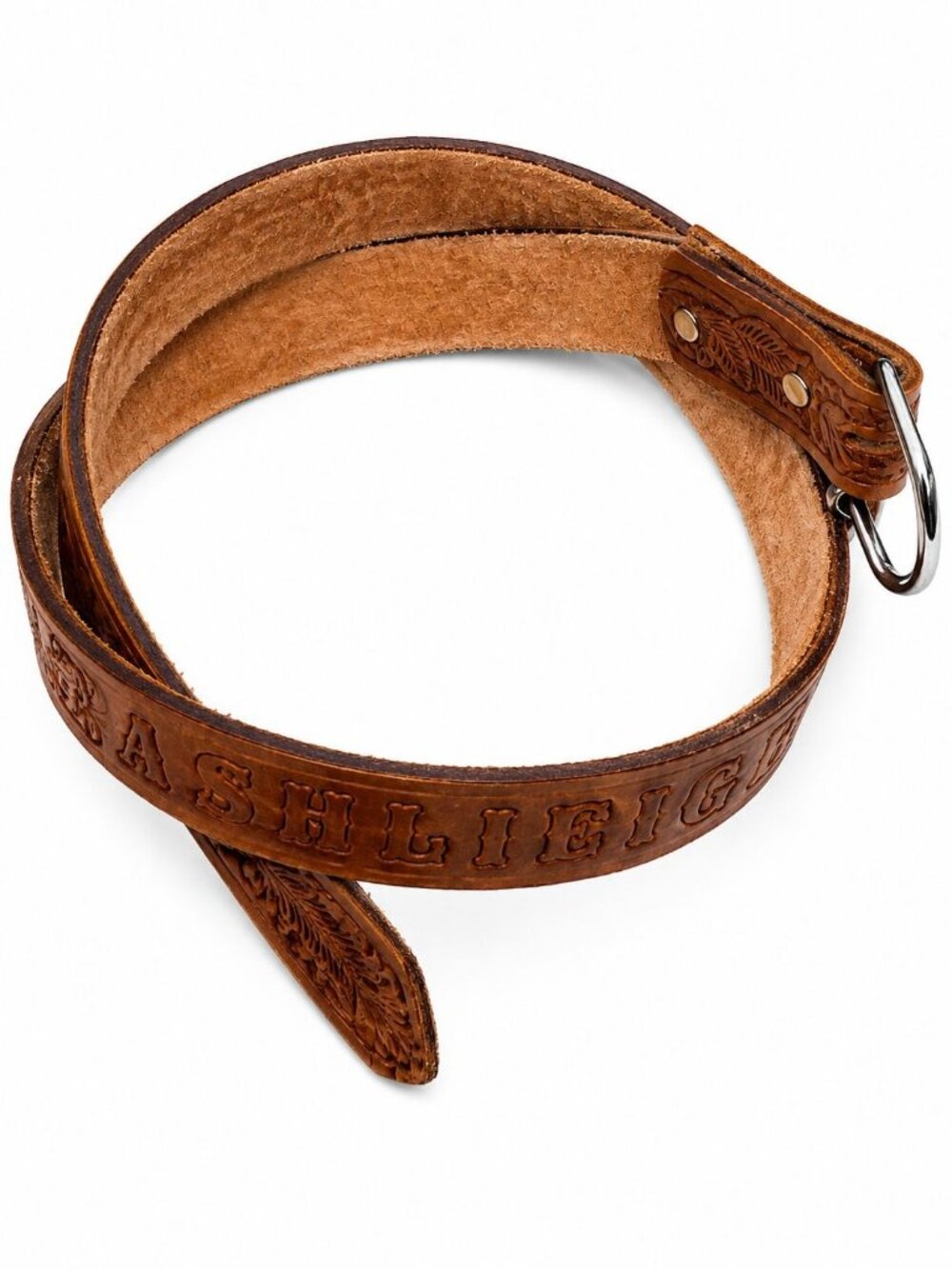 Hand Tooled Brown Leather Belt Western Rose Floral Marked "Ashleigh" Sz 34 - Picture 3 of 6